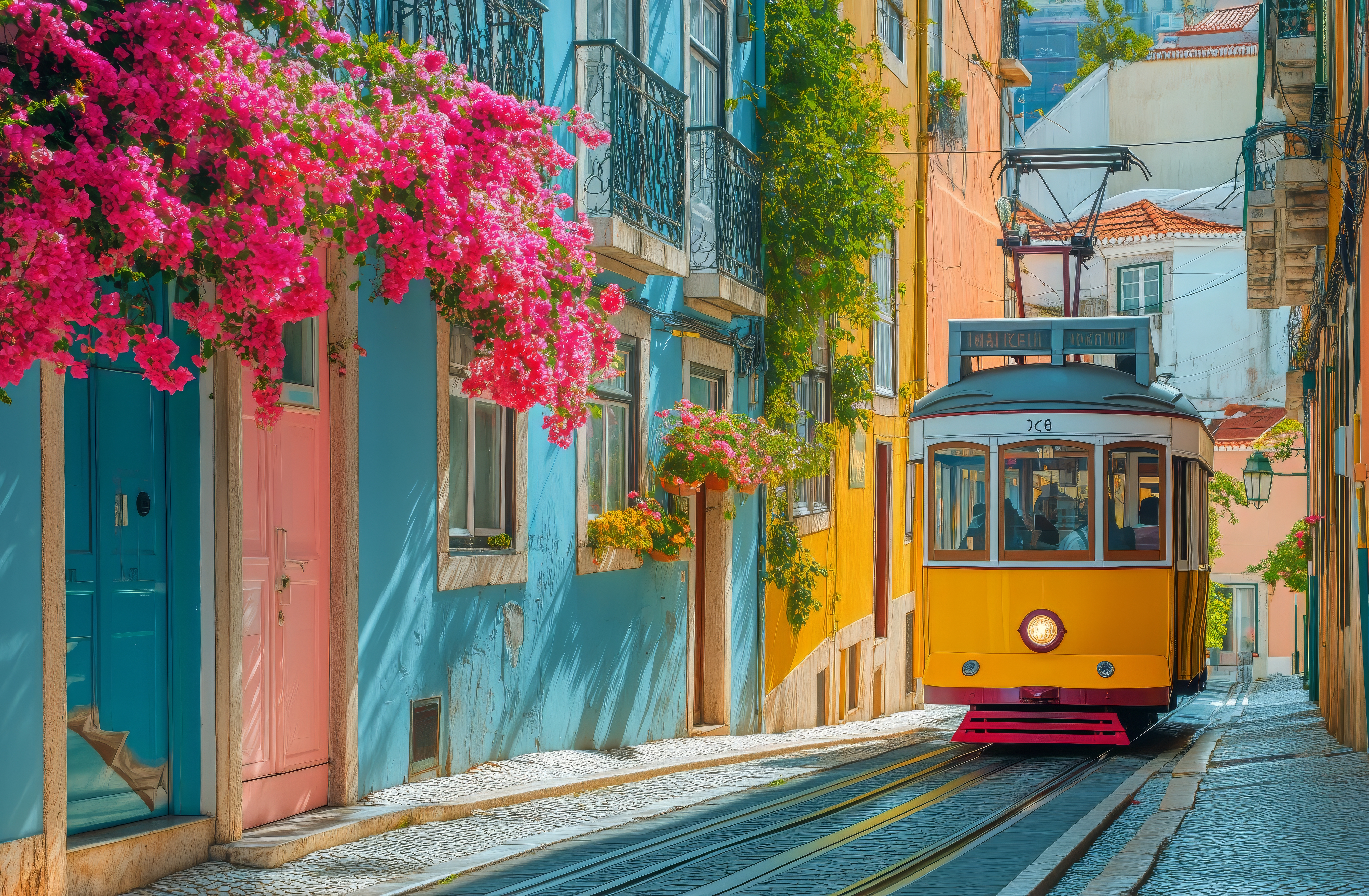 Regalar viaje a Lisboa — tranvía histórico subiendo por Alfama con el Tajo al fondo